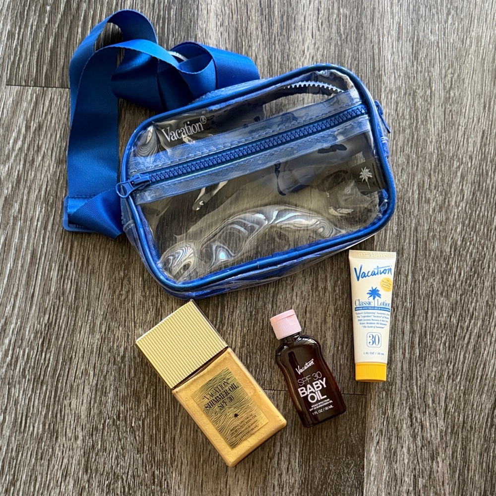 Vacation Inc Shimmer Oil, Baby Oil, Classic Lotion and Clear Blue Bag